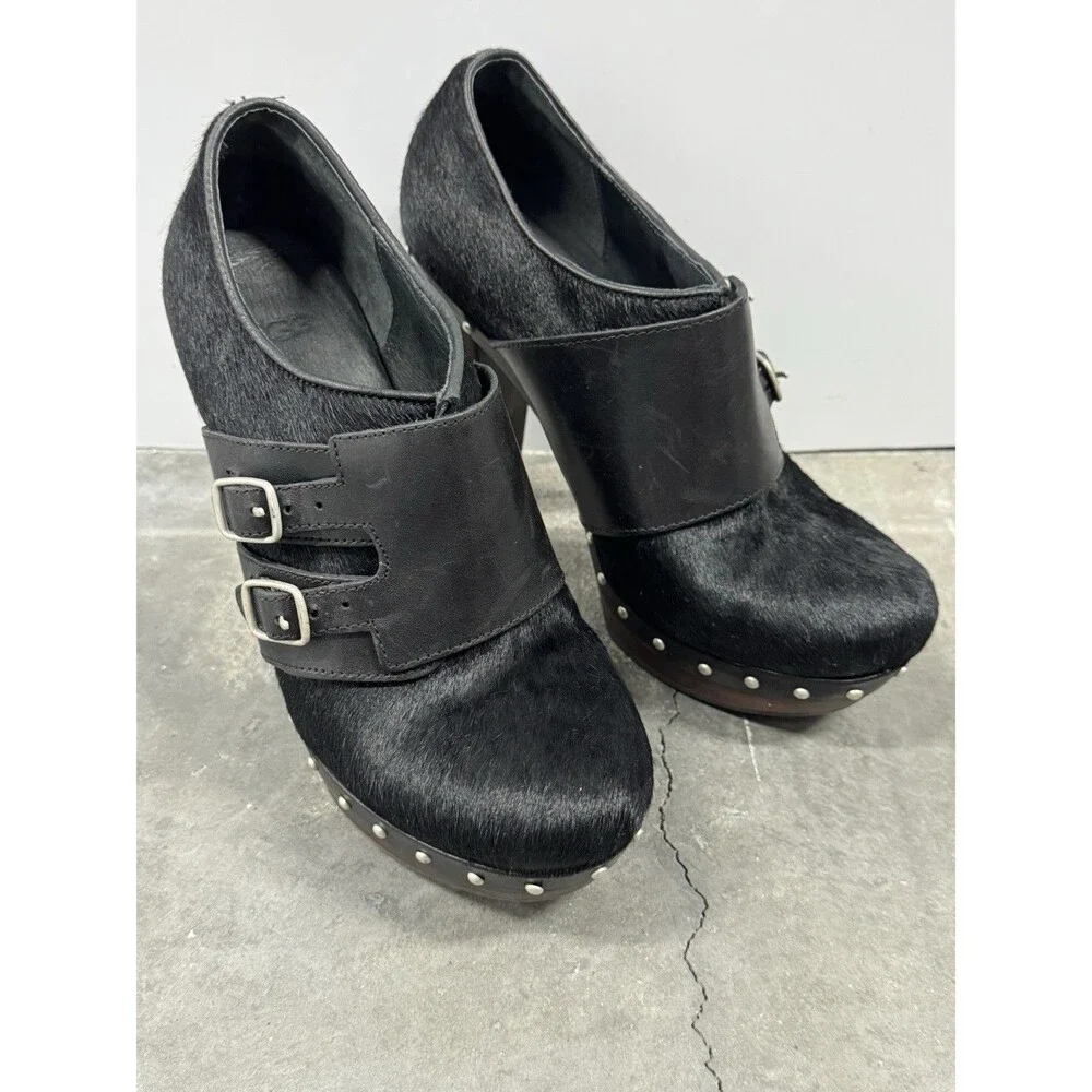 UGG Illana Black Pony Hair Platform High Heel Studded Sherpa Booties Heels   8.5